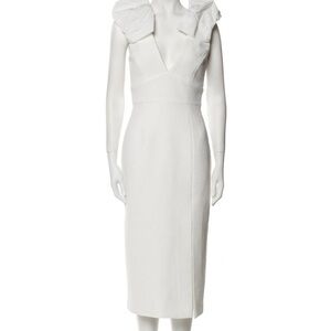 Rebecca Vallance White Midi Dress with Ruffle Shoulders